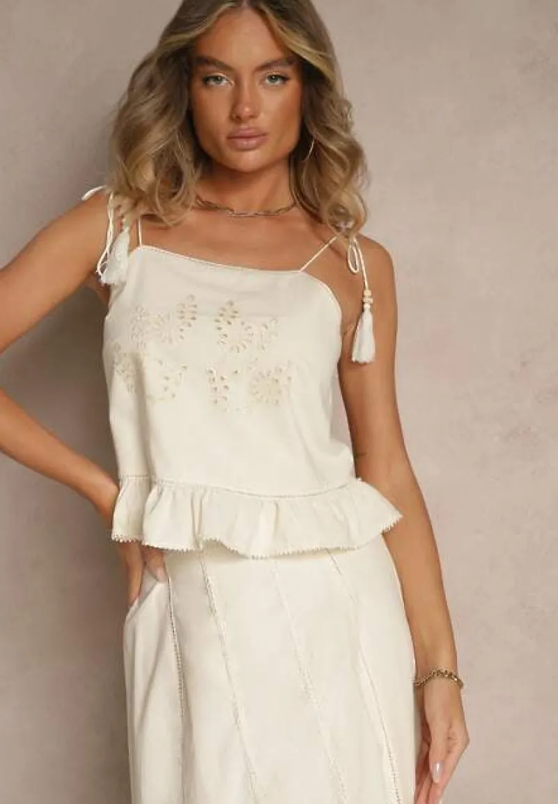 Beżowa Bluzka z Bawełny z Falbanką Haftami i Frędzlami Milunissa