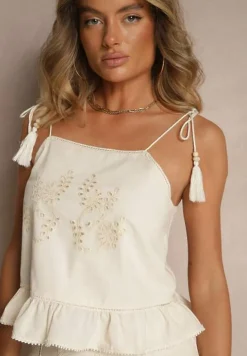 Beżowa Bluzka z Bawełny z Falbanką Haftami i Frędzlami Milunissa