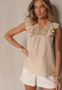 Beżowa Bluzka z Bawełny z Lnem Falbankami i Haftem Ziarinda