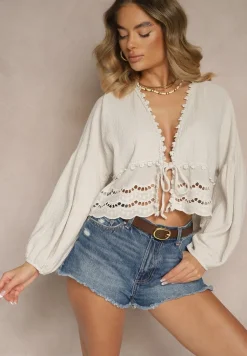 Beżowa Bluzka z Bawełny Zdobiona Ażurowymi Wstawkami i Wiązaniem Galazerra