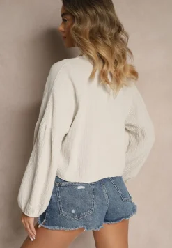 Beżowa Bluzka z Bawełny Zdobiona Ażurowymi Wstawkami i Wiązaniem Galazerra