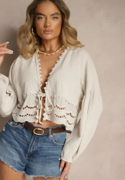 Beżowa Bluzka z Bawełny Zdobiona Ażurowymi Wstawkami i Wiązaniem Galazerra