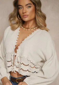 Beżowa Bluzka z Bawełny Zdobiona Ażurowymi Wstawkami i Wiązaniem Galazerra