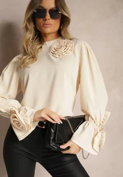 Beżowa Bluzka z Dodatkiem Bawełny Ozdobiona Kwiatem 3D Merisara