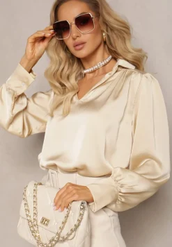 Beżowa Bluzka z Kołnierzykiem i Ozdobnym Marszczeniem Ariba