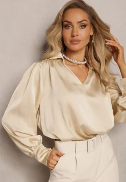 Beżowa Bluzka z Kołnierzykiem i Ozdobnym Marszczeniem Ariba