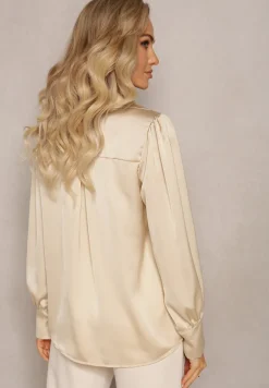 Beżowa Bluzka z Kołnierzykiem i Ozdobnym Marszczeniem Ariba