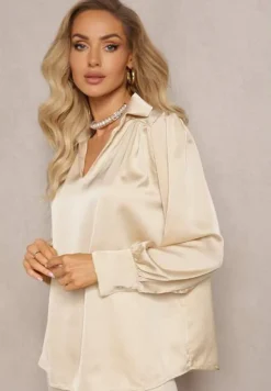 Beżowa Bluzka z Kołnierzykiem i Ozdobnym Marszczeniem Ariba