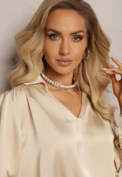 Beżowa Bluzka z Kołnierzykiem i Ozdobnym Marszczeniem Ariba