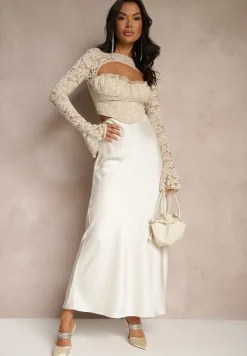 Beżowa Bluzka z Koronki Zdobiona Rozcięciem przy Dekolcie i Rozkloszowanymi Rękawami Selanda