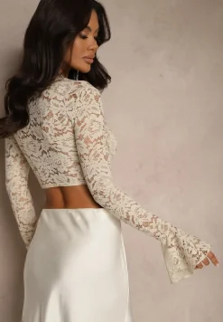 Beżowa Bluzka z Koronki Zdobiona Rozcięciem przy Dekolcie i Rozkloszowanymi Rękawami Selanda