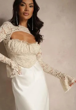 Beżowa Bluzka z Koronki Zdobiona Rozcięciem przy Dekolcie i Rozkloszowanymi Rękawami Selanda