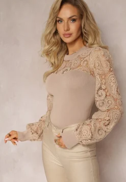 Beżowa Bluzka z Koronkowymi Rękawami i Dekoltem Crasve