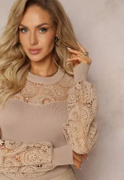Beżowa Bluzka z Koronkowymi Rękawami i Dekoltem Crasve