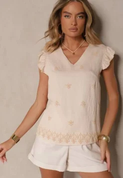 Beżowa Bluzka z Lnu i Wiskozy z Ozdobnym Haftem i Falbankami Nelivina