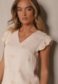 Beżowa Bluzka z Lnu i Wiskozy z Ozdobnym Haftem i Falbankami Nelivina