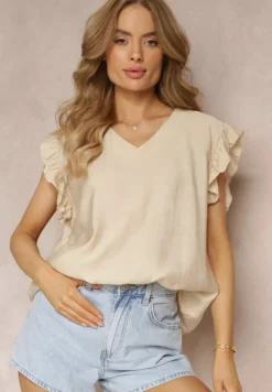 Beżowa Bluzka z Metaliczną Nitką i Falbankami Dollitta