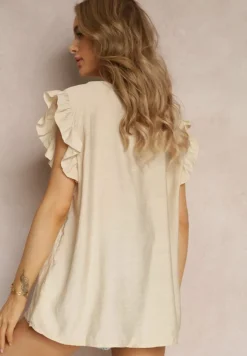 Beżowa Bluzka z Metaliczną Nitką i Falbankami Dollitta