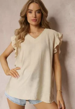 Beżowa Bluzka z Metaliczną Nitką i Falbankami Dollitta