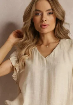 Beżowa Bluzka z Metaliczną Nitką i Falbankami Dollitta