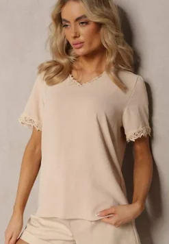 Beżowa Bluzka z Trójkątnym Dekoltem Ozdobiona Siateczką Tirvana