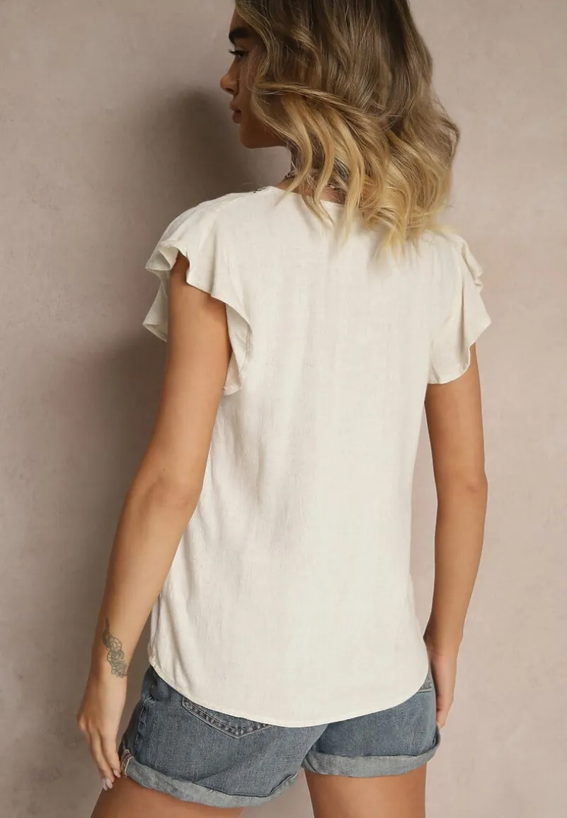 Beżowa Bluzka z Wiskozą Lnem im Haftem Novillara