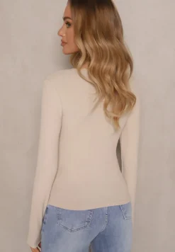 Beżowa Bluzka z Wiskozą Ozdobiona Koronką z Prążkowanego Materiału Vilfia