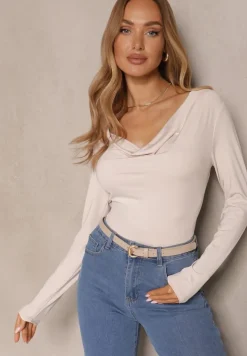 Beżowa Bluzka z Wiskozą w Eleganckim Stylu z Dekoltem Woda Tathelena