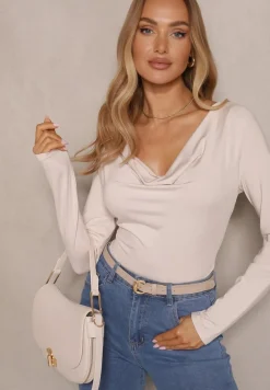 Beżowa Bluzka z Wiskozą w Eleganckim Stylu z Dekoltem Woda Tathelena