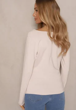 Beżowa Bluzka z Wiskozą w Eleganckim Stylu z Dekoltem Woda Tathelena