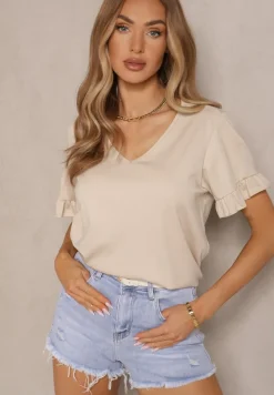 Beżowa Bluzka z Wiskozą z Falbankami i Dekoltem w Kształcie Litery V Alivaya