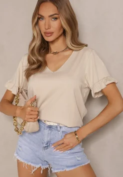 Beżowa Bluzka z Wiskozą z Falbankami i Dekoltem w Kształcie Litery V Alivaya