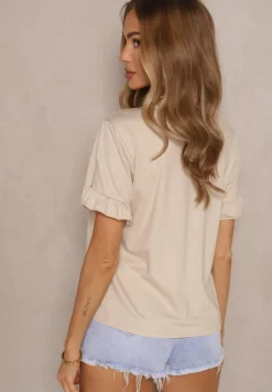 Beżowa Bluzka z Wiskozą z Falbankami i Dekoltem w Kształcie Litery V Alivaya