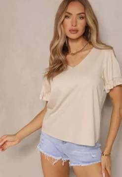 Beżowa Bluzka z Wiskozą z Falbankami i Dekoltem w Kształcie Litery V Alivaya