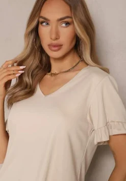 Beżowa Bluzka z Wiskozą z Falbankami i Dekoltem w Kształcie Litery V Alivaya