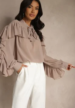 Beżowa Bluzka z Wiskozy z Transparentną Wstawką Falbanami i Wiązaniem Fillenea
