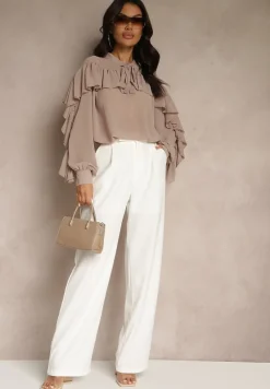 Beżowa Bluzka z Wiskozy z Transparentną Wstawką Falbanami i Wiązaniem Fillenea