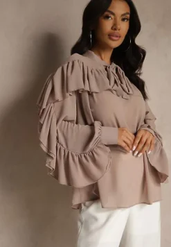 Beżowa Bluzka z Wiskozy z Transparentną Wstawką Falbanami i Wiązaniem Fillenea