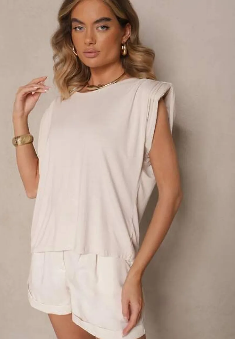 Beżowa Bluzka z Wiskozy z Ozdobnymi Ramionami Mavienne