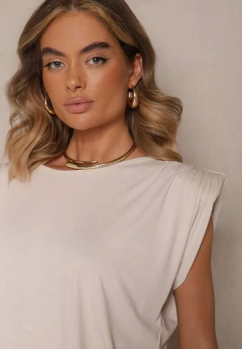 Beżowa Bluzka z Wiskozy z Ozdobnymi Ramionami Mavienne