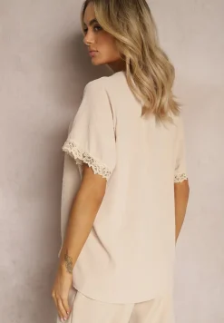 Beżowa Bluzka z Wykończeniami z Koronki i Dekoltem V Mallana