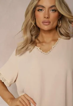 Beżowa Bluzka z Wykończeniami z Koronki i Dekoltem V Mallana