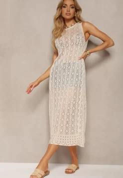 Beżowa Boho Tunika Narzutka o Ażurowym Wykończeniu bez Rękawów Lerantalia