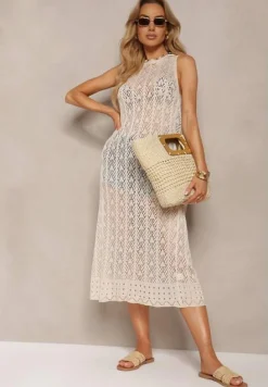 Beżowa Boho Tunika Narzutka o Ażurowym Wykończeniu bez Rękawów Lerantalia