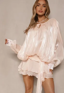 Beżowa Bufiasta Sukienka Zdobiona Trenem i Wiązaniem z Falbanami Lunoriela