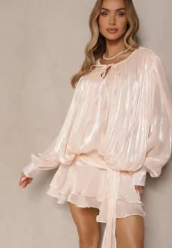 Beżowa Bufiasta Sukienka Zdobiona Trenem i Wiązaniem z Falbanami Lunoriela