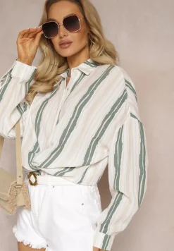 Beżowa Casualowa Koszula z Bawełny w Paski Sileata