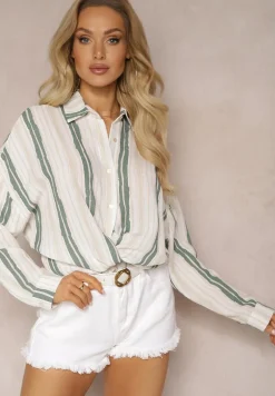 Beżowa Casualowa Koszula z Bawełny w Paski Sileata