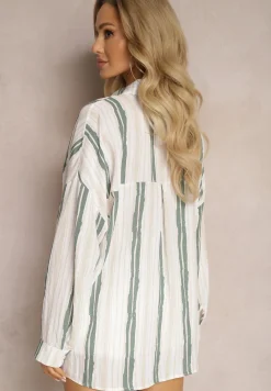 Beżowa Casualowa Koszula z Bawełny w Paski Sileata