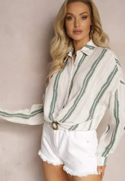 Beżowa Casualowa Koszula z Bawełny w Paski Sileata